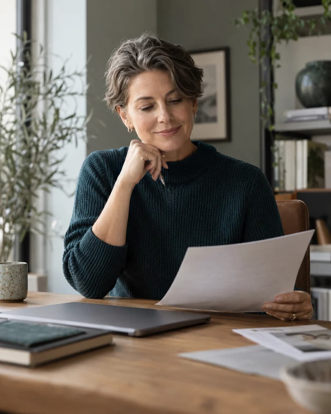 A professional reviewing a printed proposal beside her laptop
