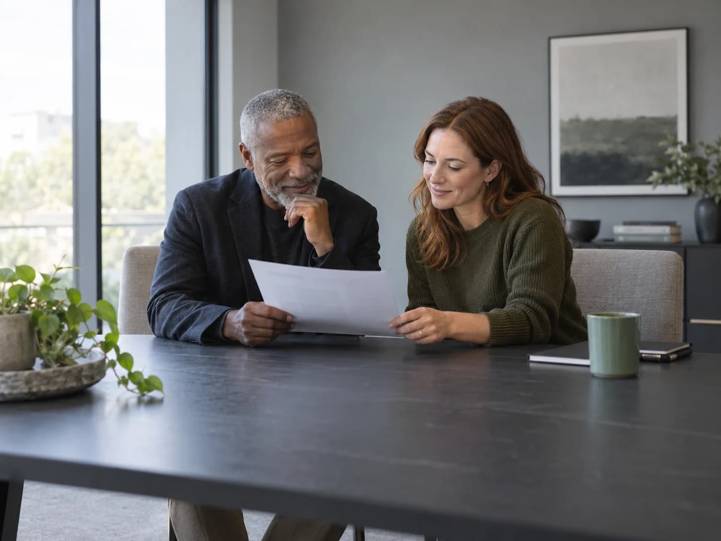 Two professionals reviewing a printed proposal together